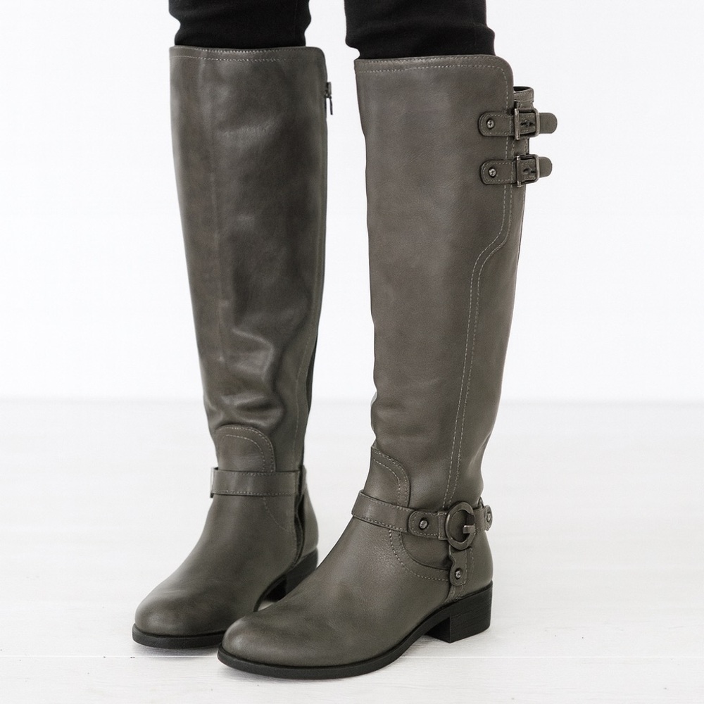 Guess Gray Riding Boots Buckle Logo Zips Size 6 Women Fall Comfy Style